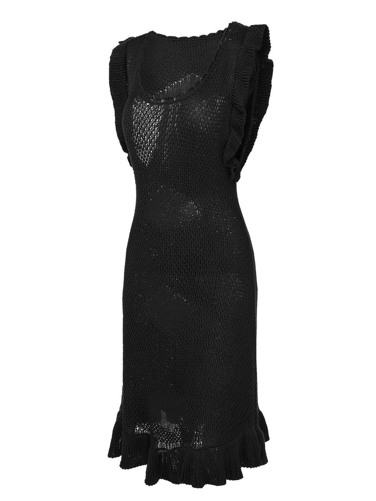 1960s U-Neck Ruffles Knit Dress