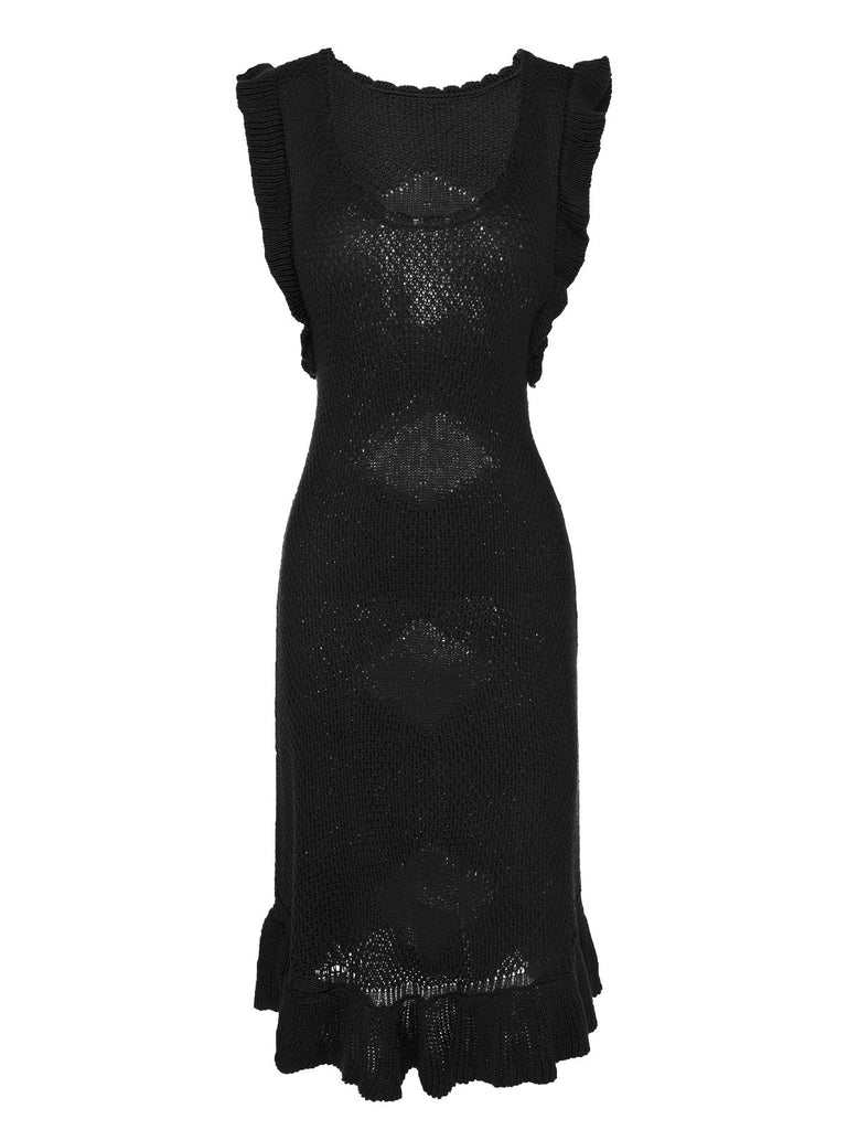 1960s U-Neck Ruffles Knit Dress