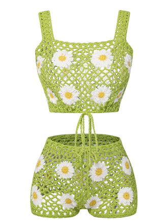 2PCS Green 1980s Daisy Knitted Top & Pants