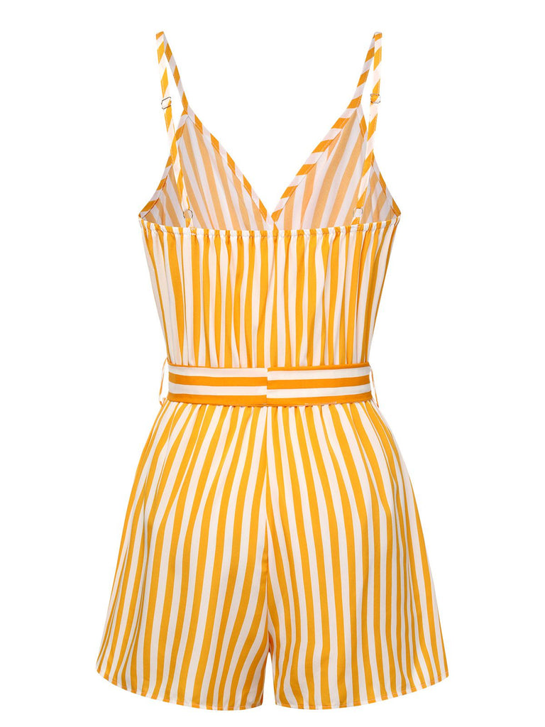 1970s V-Neck Vertical Stripes Lace Up Romper