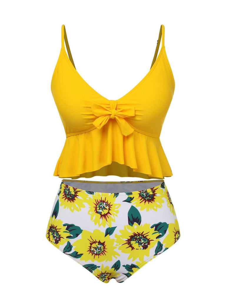 1960s Spaghetti Strap Floral Ruffles Swimsuit