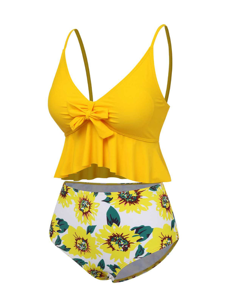 1960s Spaghetti Strap Floral Ruffles Swimsuit