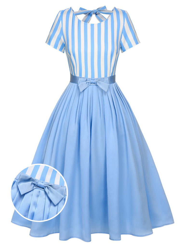 Blue 1940s Boat Neck Stripes Bow Dress Retro Stage1