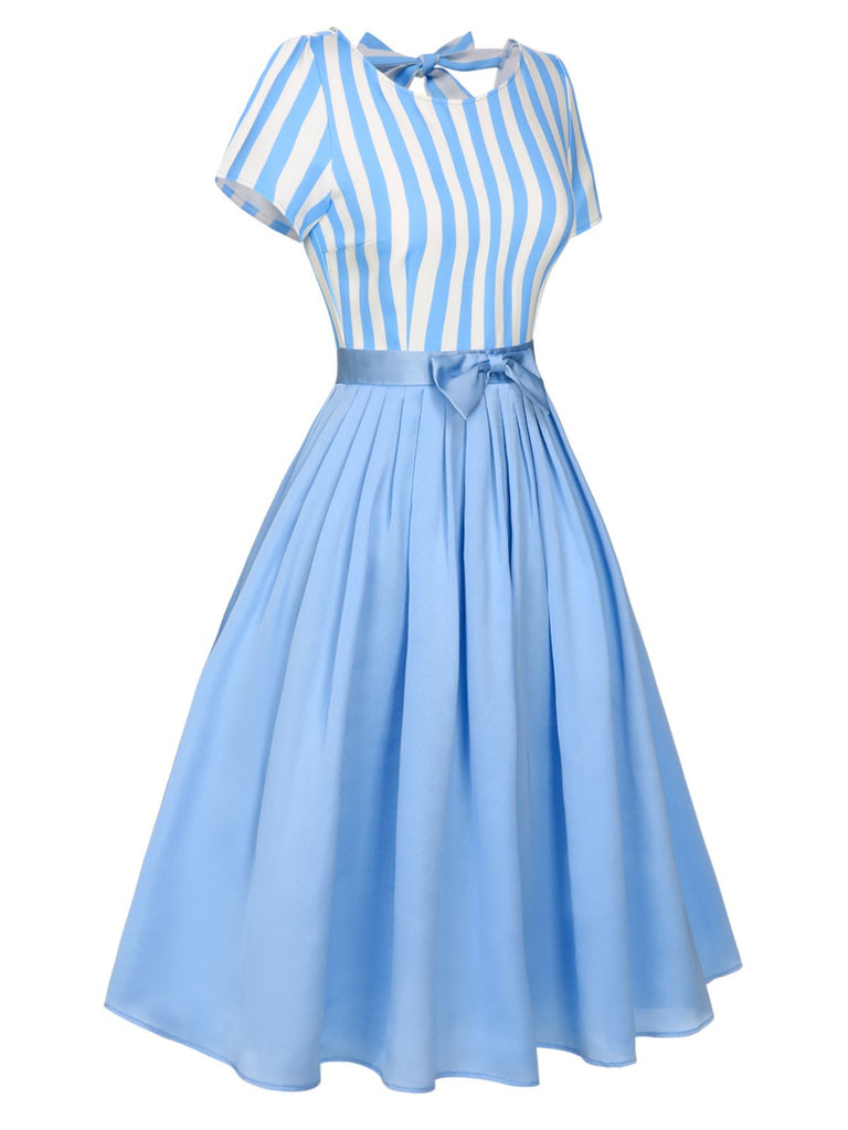 Blue 1940s Boat Neck Stripes Bow Dress