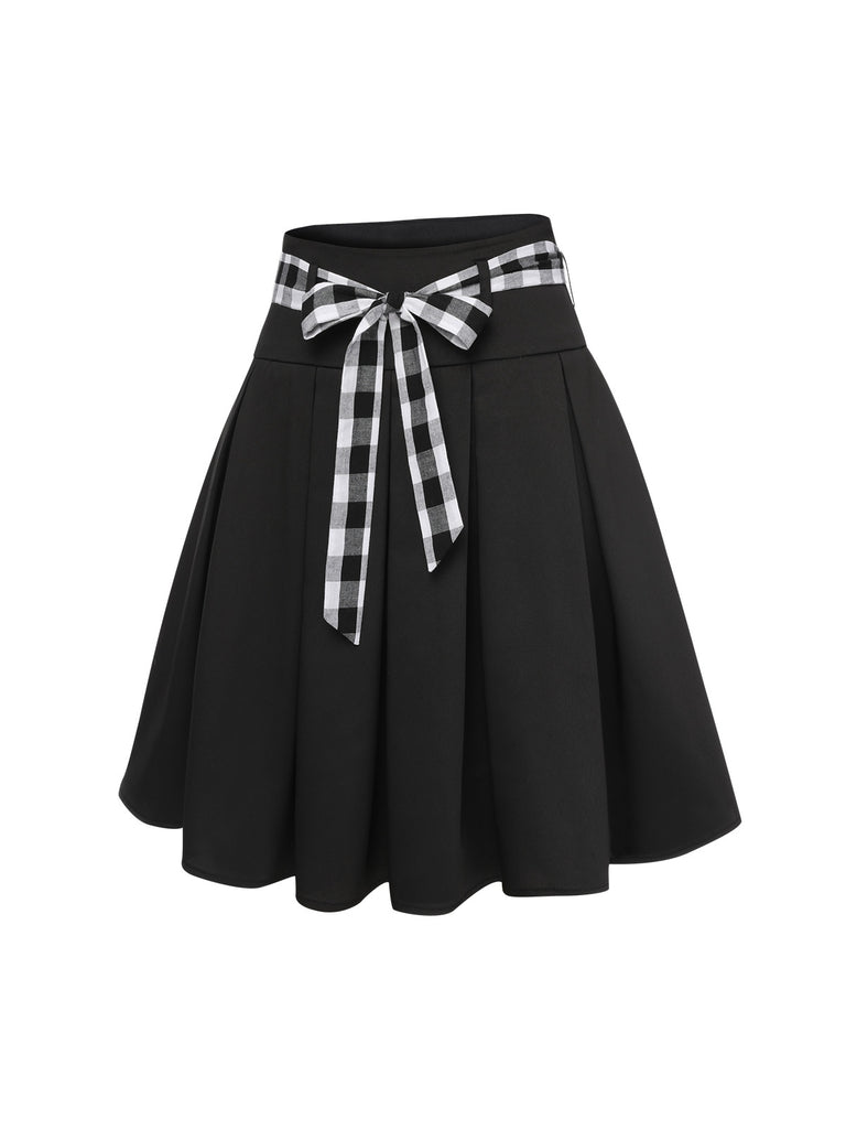 Black 1950s Solid Umbrella Skirt with Belt