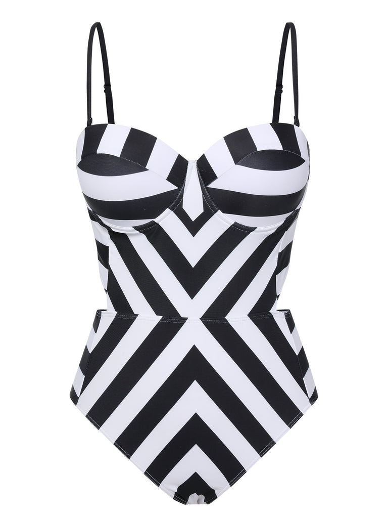 1960s Black White Contrast Stripes Swimsuit