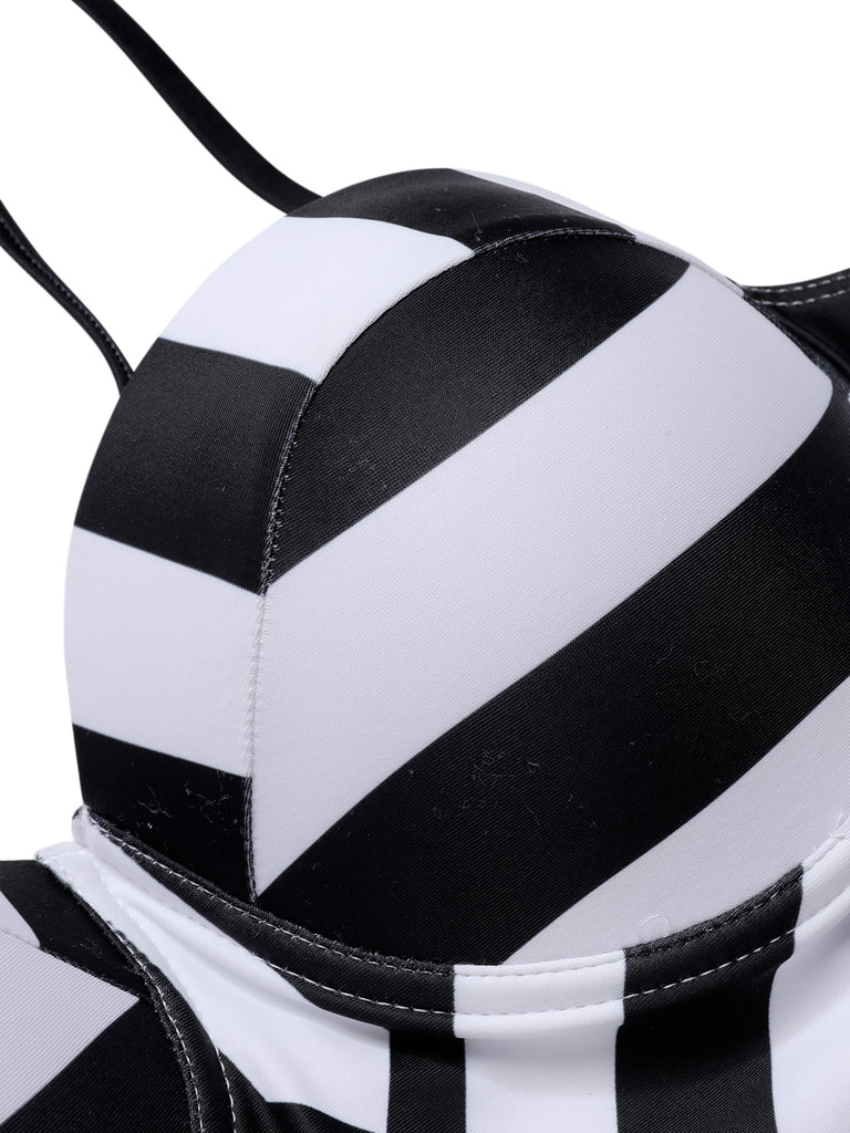 1960s Black White Contrast Stripes Swimsuit