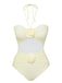 Beige 1930s 3D Flowers Halter One-Piece Swimsuit