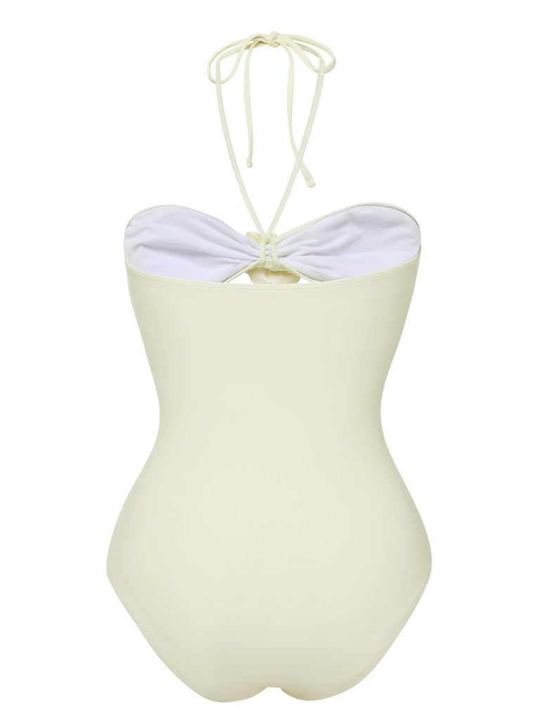 Beige 1930s 3D Flowers Halter One-Piece Swimsuit