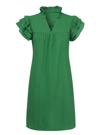 Green 1970s Solid Stand Collar Flounce Sleeve Dress