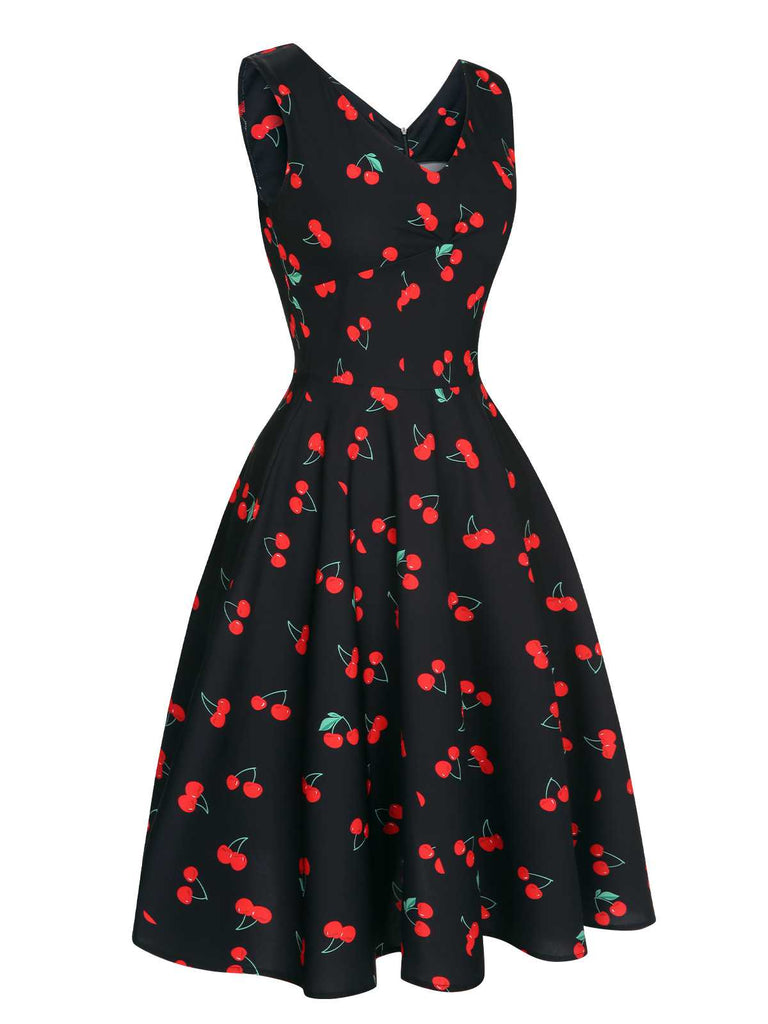 Black 1950s Cherry Sleeveless Dress