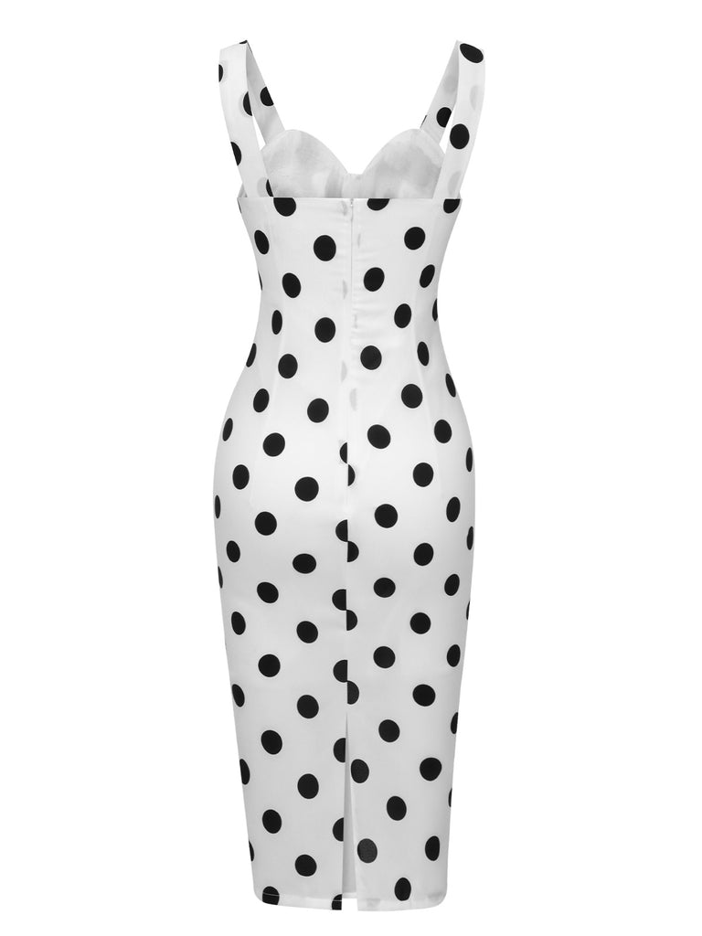 White 1960s V-Neck Polka Dots Dress