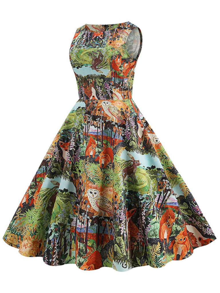 1950s Forest Animal Allover Printed Dress
