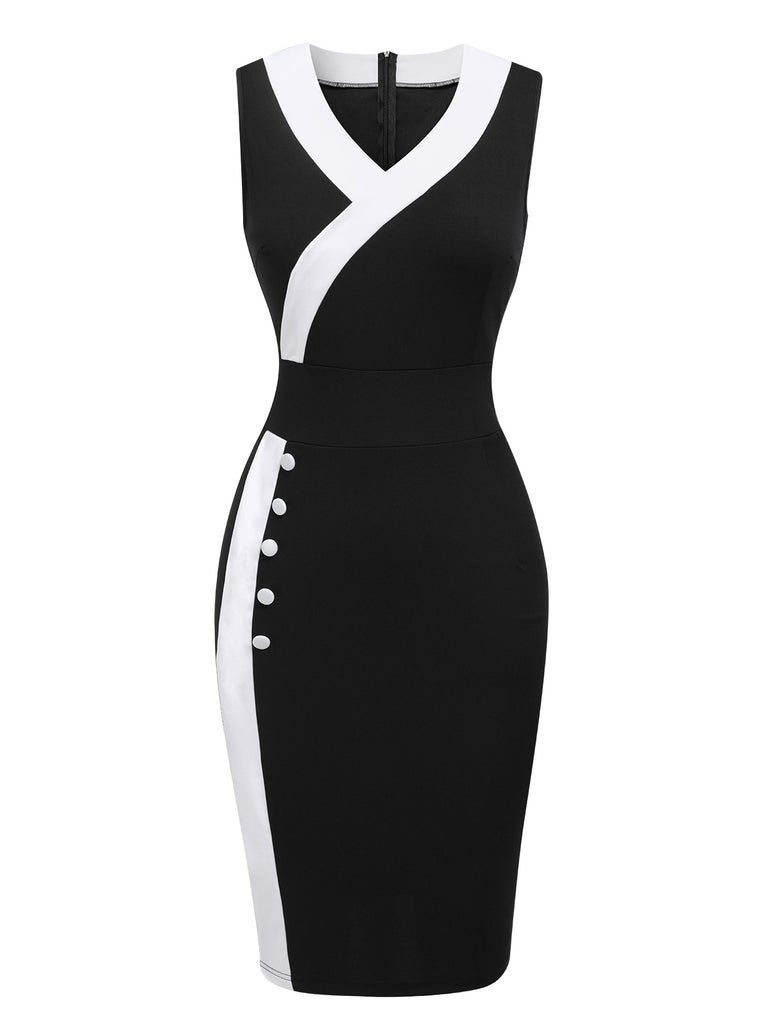 Black & White 1960s Button V-Neck Patchwork Dress