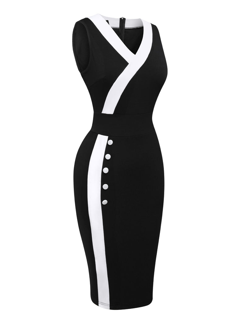 Black & White 1960s Button V-Neck Patchwork Dress