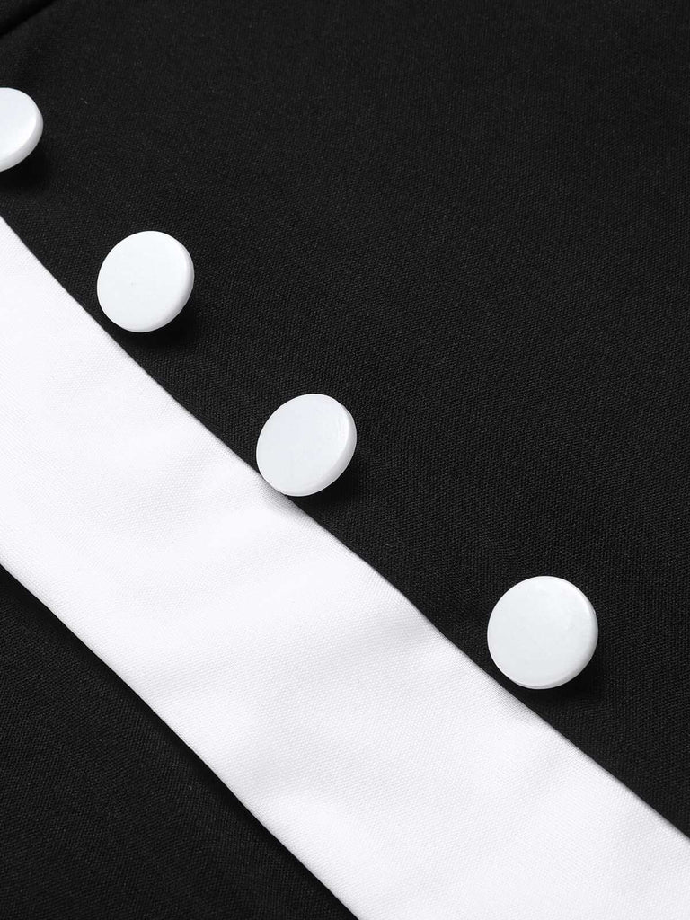Black & White 1960s Button V-Neck Patchwork Dress