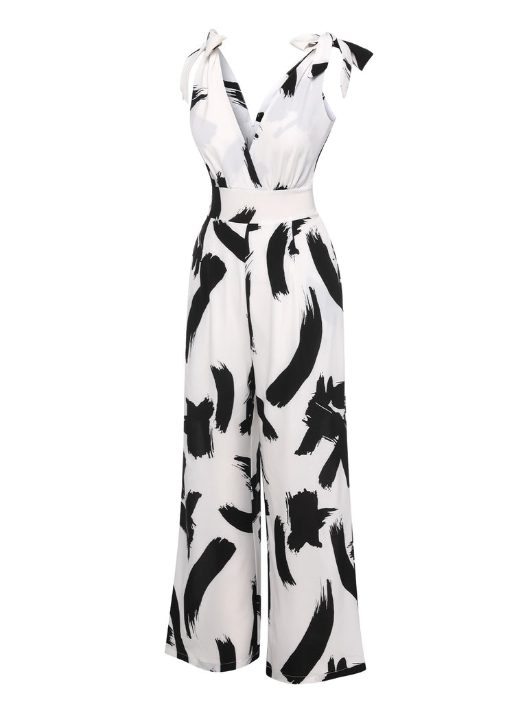 Black & White 1940s V-Neck Bohemian Jumpsuit