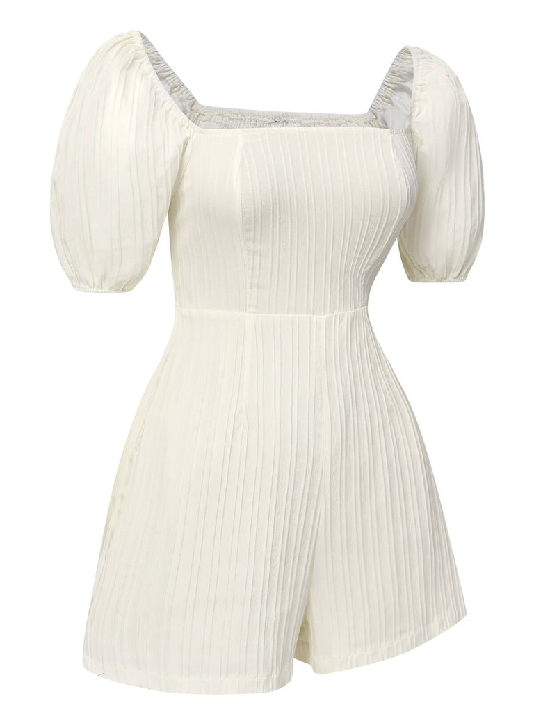 White 1960s Solid Puff Square Neck Romper
