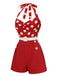 Red 1950s Polka Dots Patchwork Halter Romper