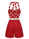 Red 1950s Polka Dots Patchwork Halter Romper