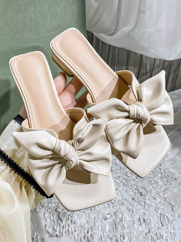 Bowknot Wedge Low Heeled PU Leather Slippers