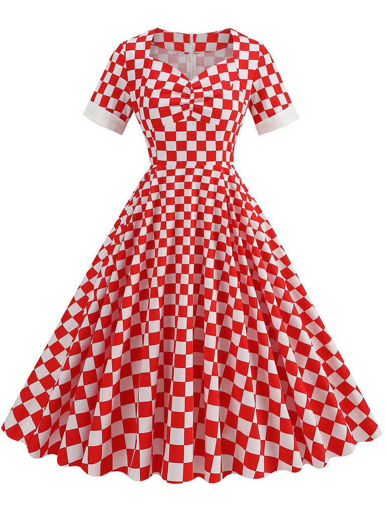 Red 1950s Sweetheart Neck Plaids Dress