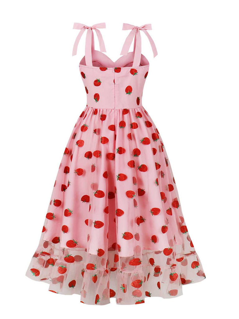 Pink 1950s Spaghetti Strap Bow Strawberry Dress