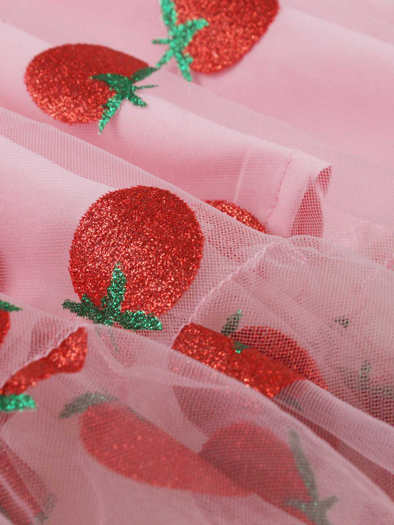 Pink 1950s Spaghetti Strap Bow Strawberry Dress