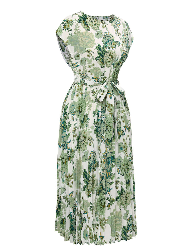 Green 1940s Floral Tie Belt Dress