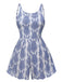 Blue 1950s Strap Print Backless Romper