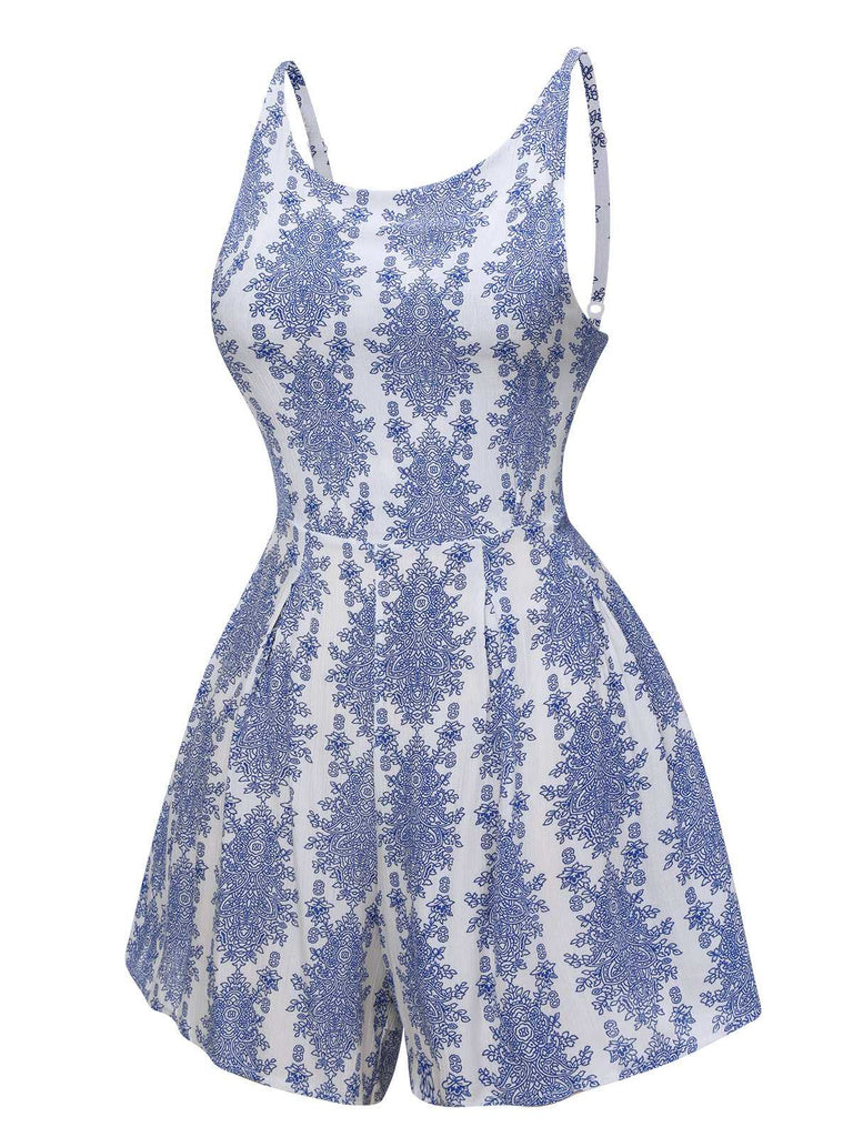 Blue 1950s Strap Print Backless Romper