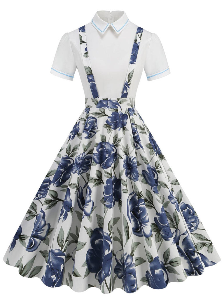 1950s Patchwork Lapel Collar Suspender Dress