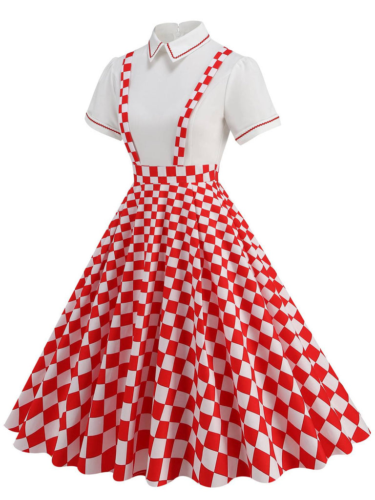 1950s Patchwork Lapel Collar Suspender Dress