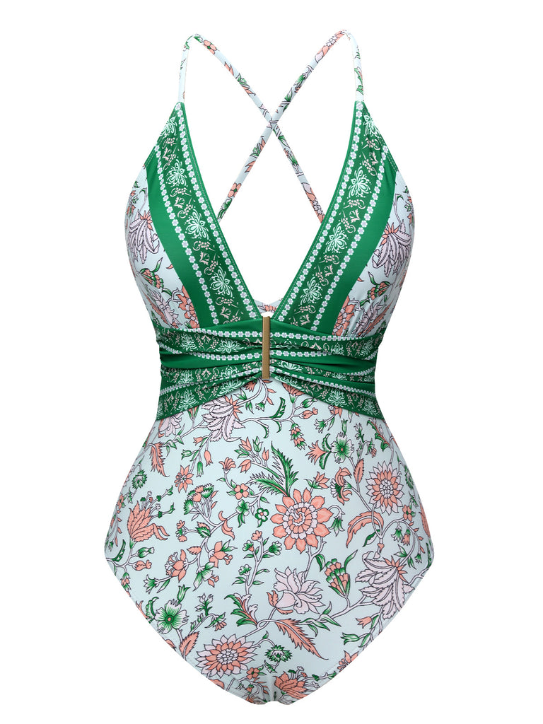 Green 1950s Floral Spaghetti Strap Swimsuit