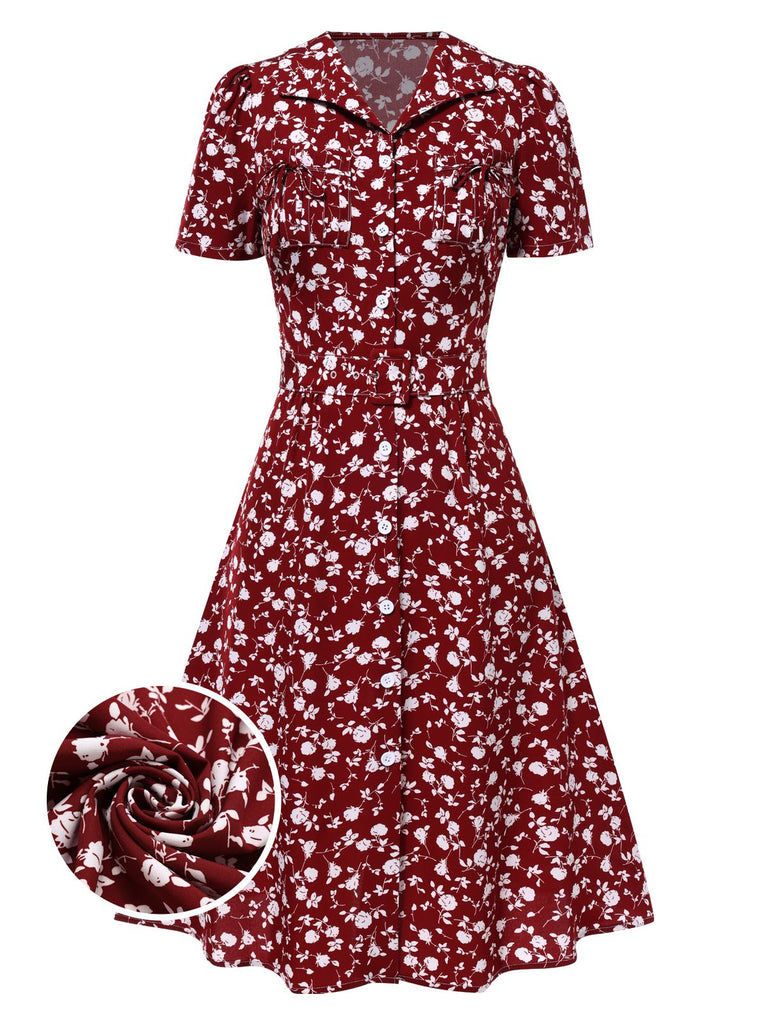 Green 1940s Lapel Buttons Ditsy Floral Dress