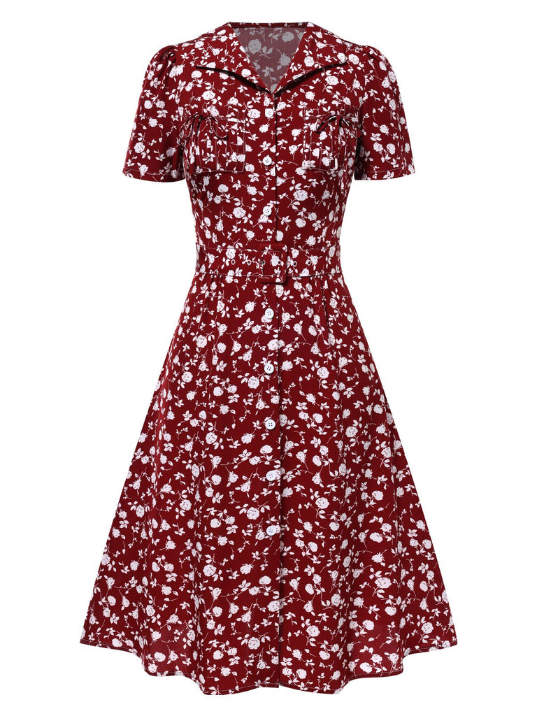 Green 1940s Lapel Buttons Ditsy Floral Dress