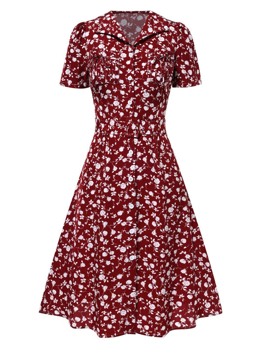 Red 1940s Lapel Buttons Ditsy Floral Dress