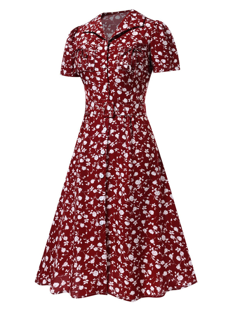 Green 1940s Lapel Buttons Ditsy Floral Dress