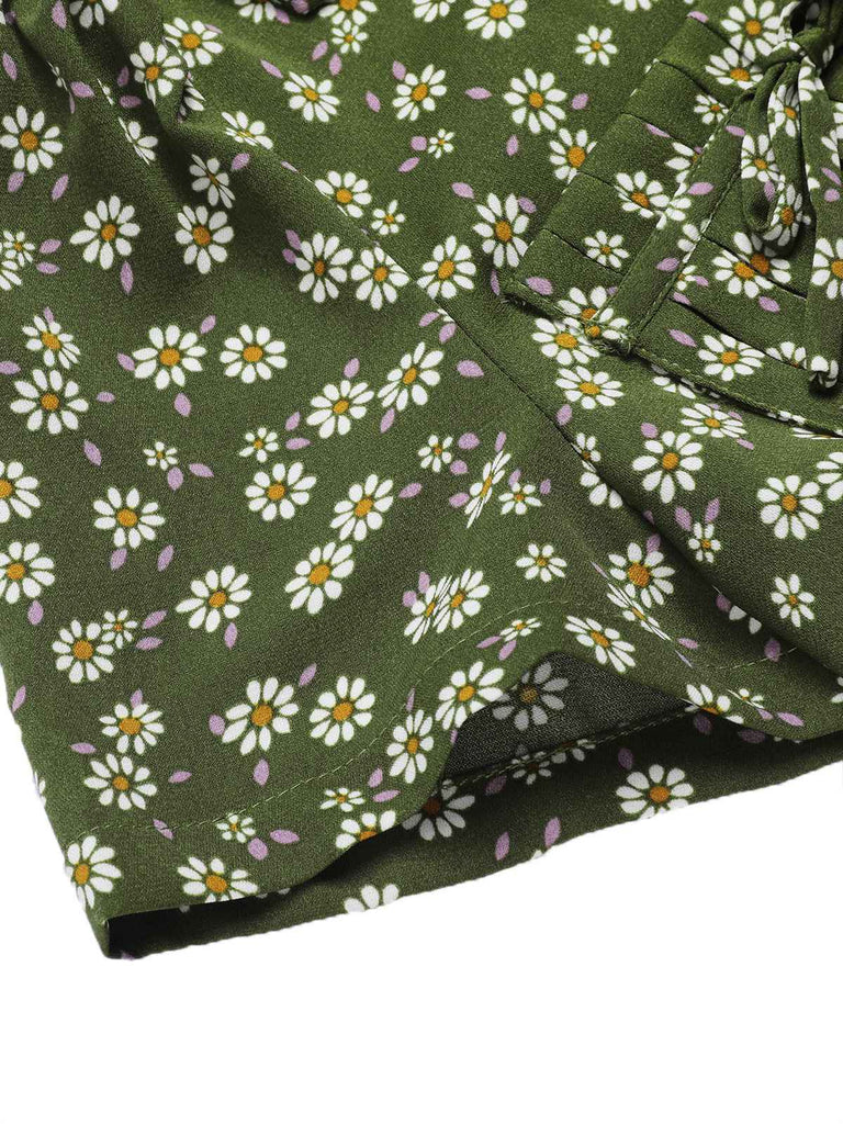 Green 1940s Lapel Buttons Ditsy Floral Dress