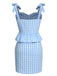 2PCS Blue 1960s Plaid Ruffled Hem Tops & BowKnot Skirts