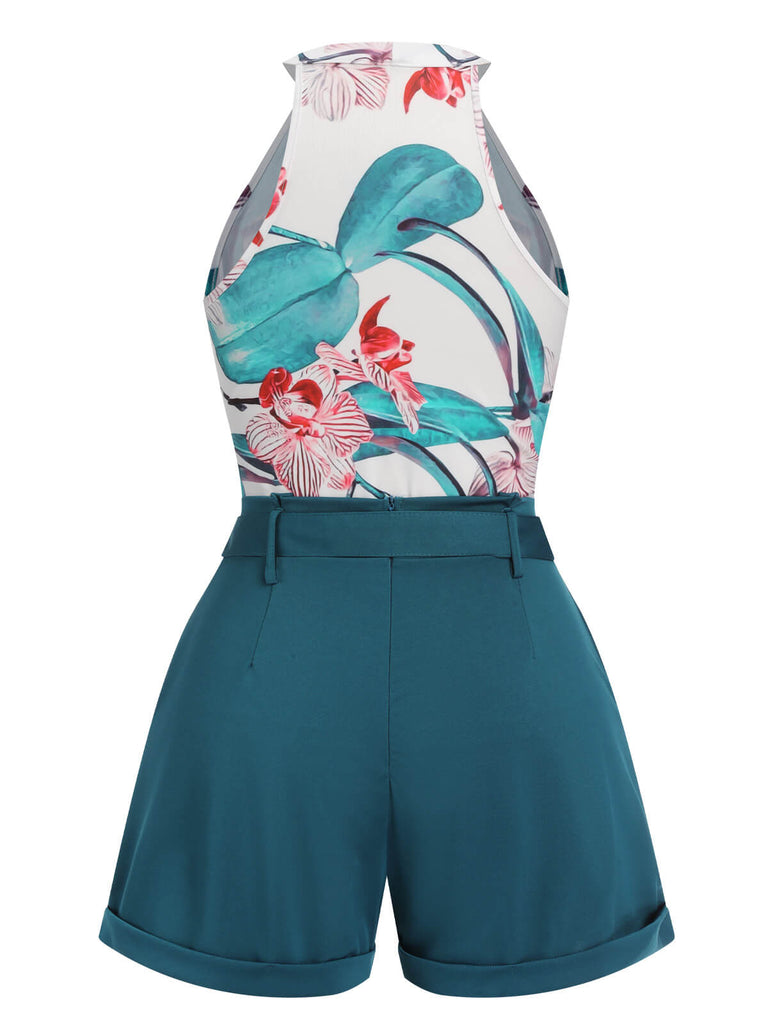 2PCS 1970s Floral Crewl Halter Top & Shorts With Belt