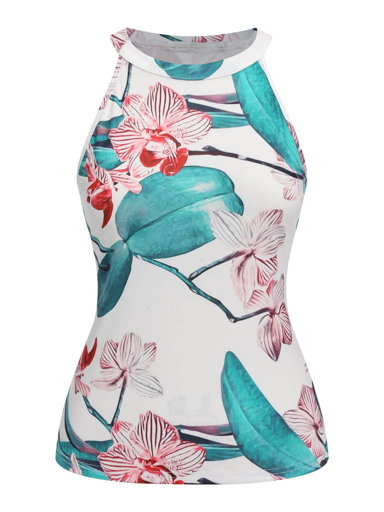 2PCS 1970s Floral Crewl Halter Top & Shorts With Belt