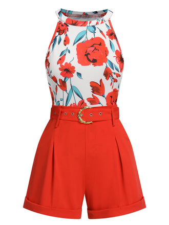 2PCS 1970s Floral Crewl Halter Top & Shorts With Belt