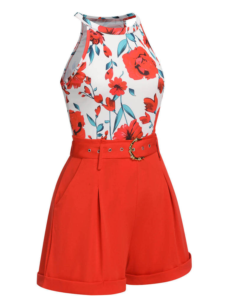 2PCS 1970s Floral Crewl Halter Top & Shorts With Belt