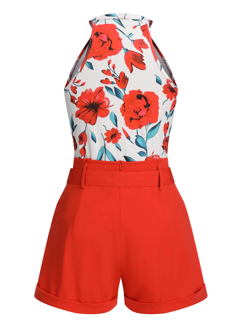 2PCS 1970s Floral Crewl Halter Top & Shorts With Belt