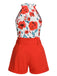 2PCS 1970s Floral Crewl Halter Top & Shorts With Belt