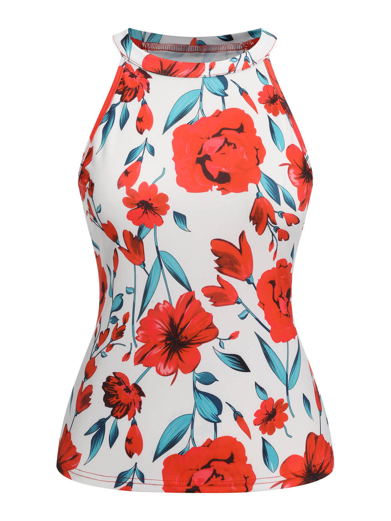2PCS 1970s Floral Crewl Halter Top & Shorts With Belt