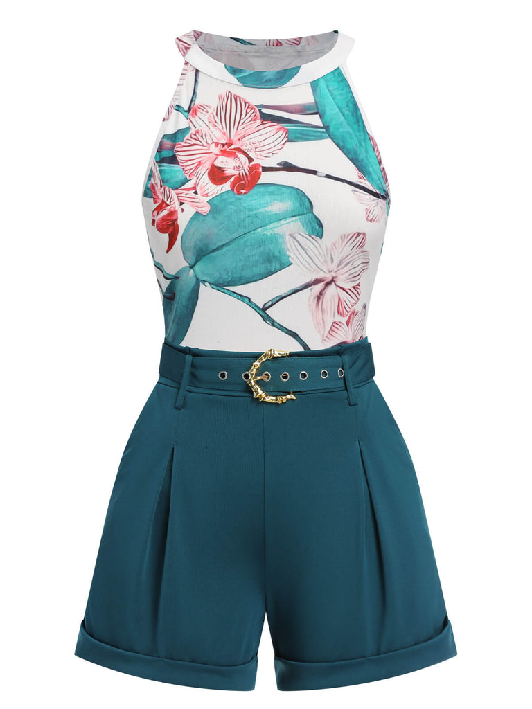 2PCS 1970s Floral Crewl Halter Top & Shorts With Belt
