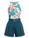 2PCS 1970s Floral Crewl Halter Top & Shorts With Belt