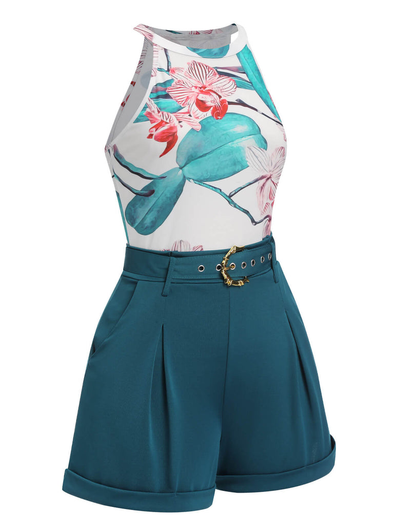 2PCS 1970s Floral Crewl Halter Top & Shorts With Belt